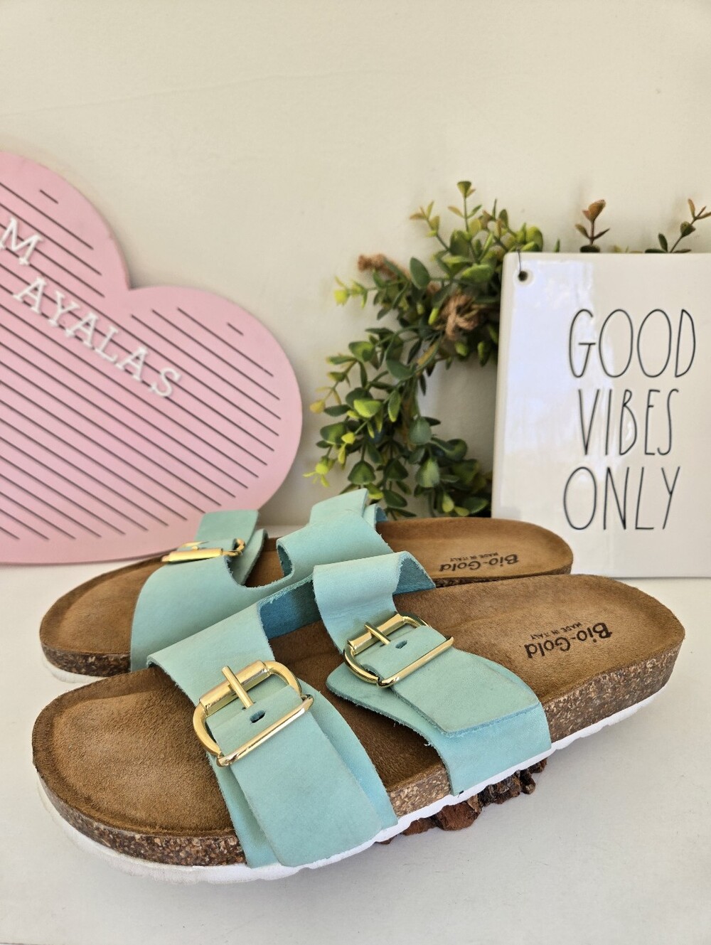 Bio-gold Made In Italy Double Buckle Slide Sandals in Aqua Size 9 Leather Womens